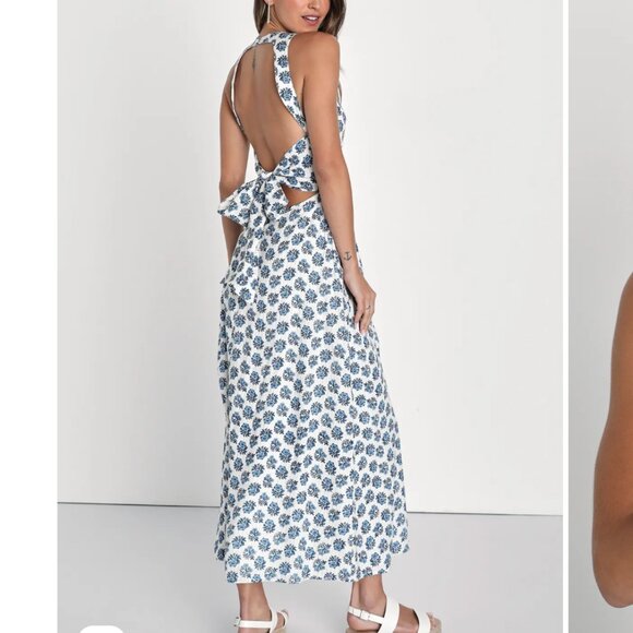 Lulus Ivory Floral Print Tie-back Midi Dress White - Size XXS - Picture 2 of 2